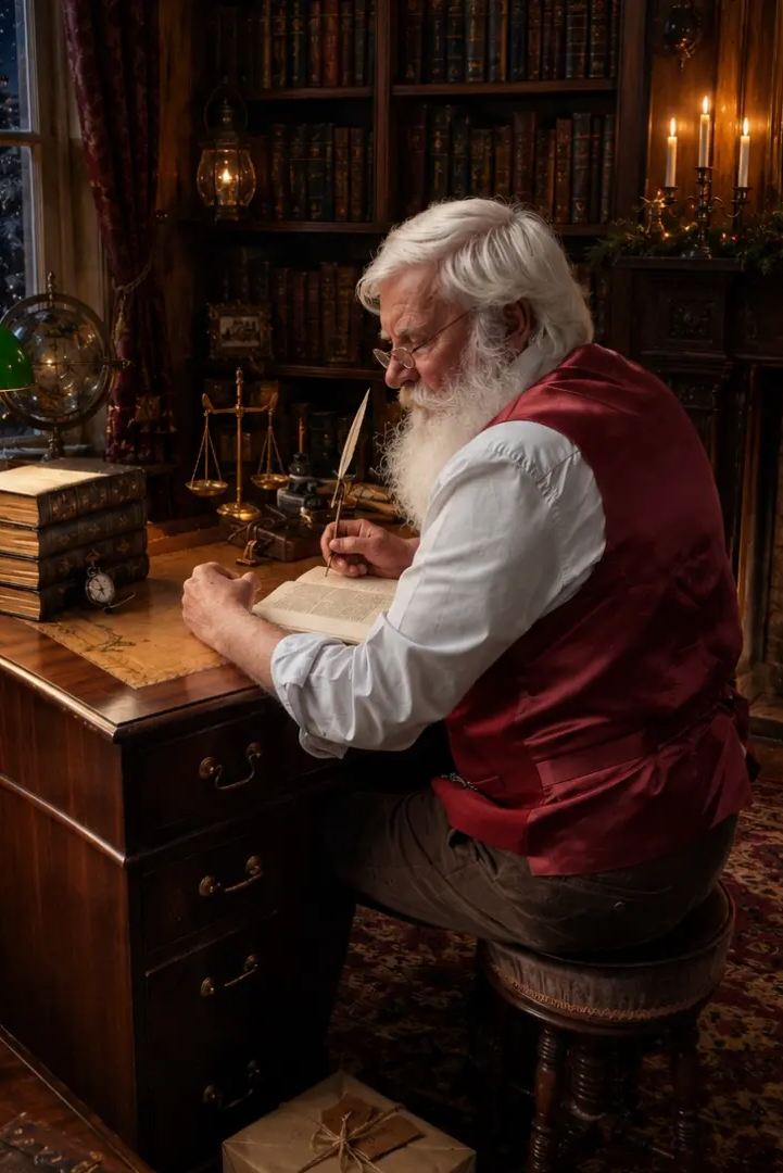 Santa sitting at a desk in a waistcoat writing by the fire